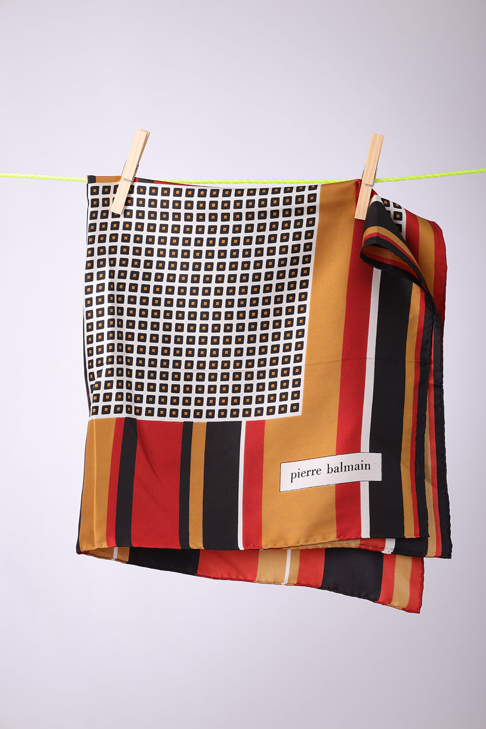 PIERRE BALMAIN - SCARF Black, brick, tan lines, with white squares