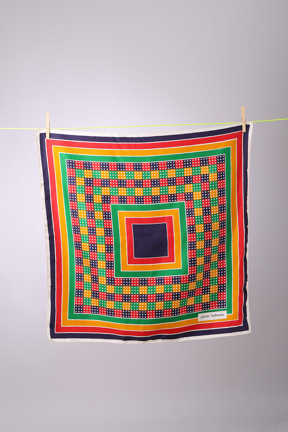 PIERRE BALMAIN - SCARF Square Navy, red, yellow, green with multicolored squares with white frame