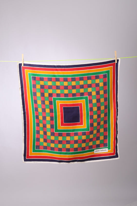 PIERRE BALMAIN - SCARF Square Navy, red, yellow, green with multicolored squares with white frame