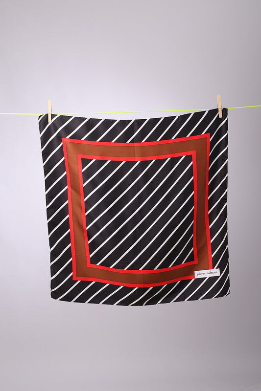 PIERRE BALMAIN - SCARF Black & white stripes with red & brown frame