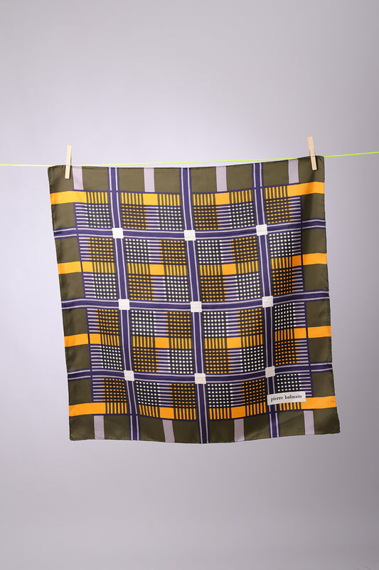 PIERRE BALMAIN - SCARF Olive, navy, mustard & white squares