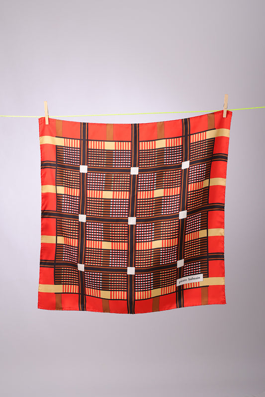 PIERRE BALMAIN - SCARF Red, gold & black/ brown squares