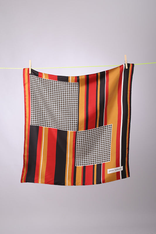 PIERRE BALMAIN - SCARF Black, brick, tan lines, with white squares