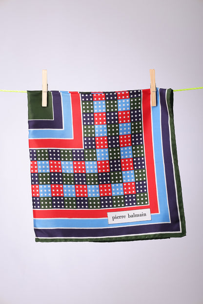 PIERRE BALMAIN - SCARF Square olive, navy, blue red with multicolored squares