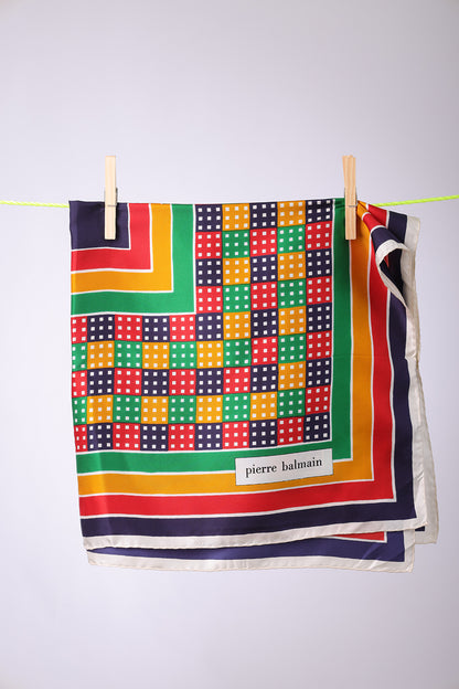 PIERRE BALMAIN - SCARF Square Navy, red, yellow, green with multicolored squares with white frame