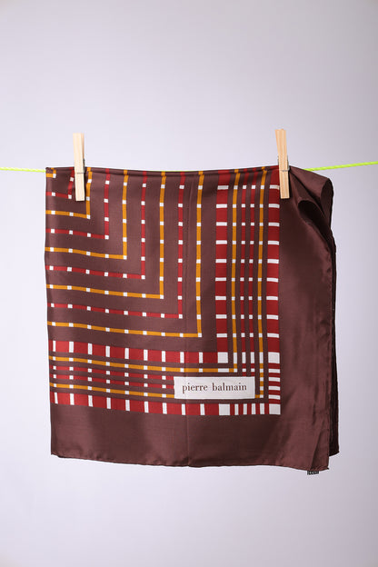 PIERRE BALMAIN - SCARF Brown, with burgundy & mustard stripes