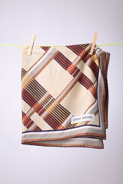 PIERRE BALMAIN - SCARF Beige, brick, yellow & navy crossed stripes
