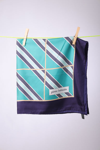 PIERRE BALMAIN - SCARF, Navy, turquoise , gold & white crossed stripes