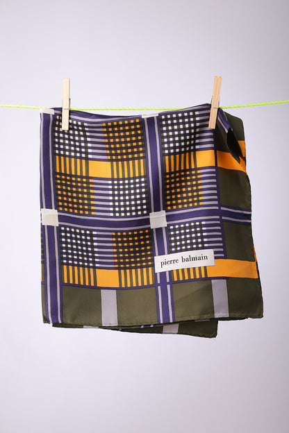 PIERRE BALMAIN - SCARF Olive, navy, mustard & white squares