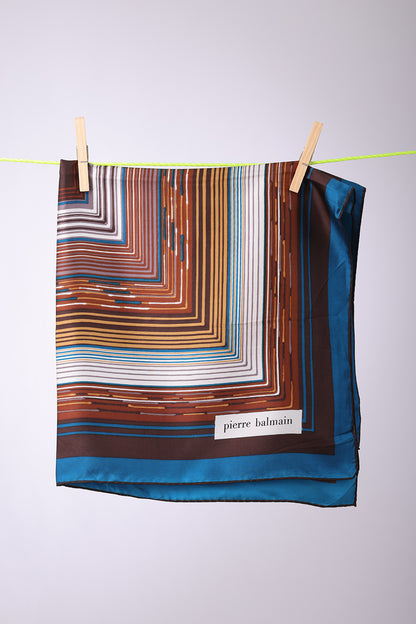 PIERRE BALMAIN - SCARF Petrol, Brown, beige & white stripes