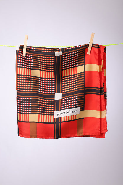 PIERRE BALMAIN - SCARF Red, gold & black/ brown squares