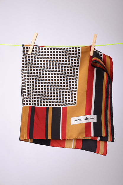 PIERRE BALMAIN - SCARF Black, brick, tan lines, with white squares